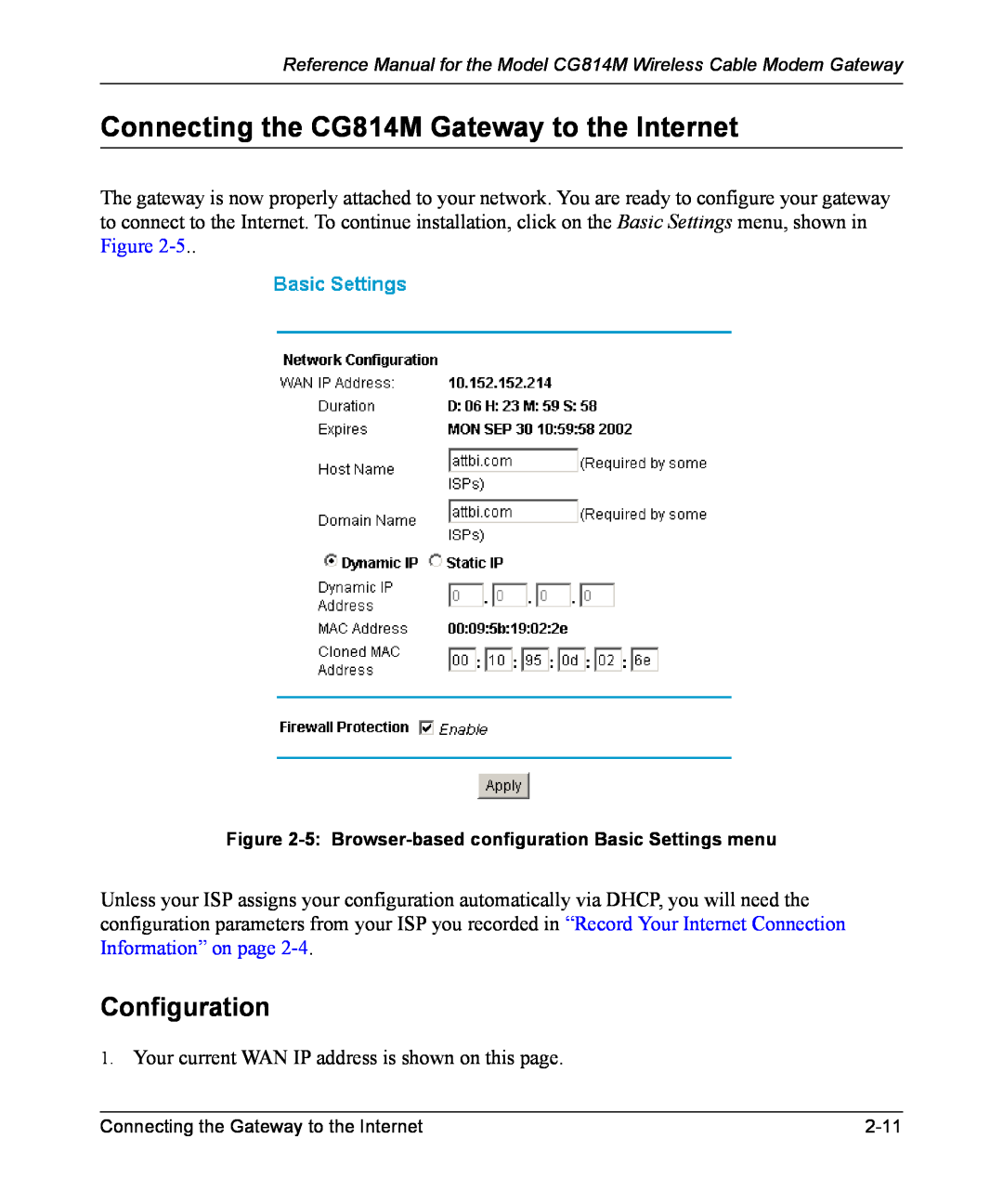 NETGEAR manual Connecting the CG814M Gateway to the Internet, Configuration 