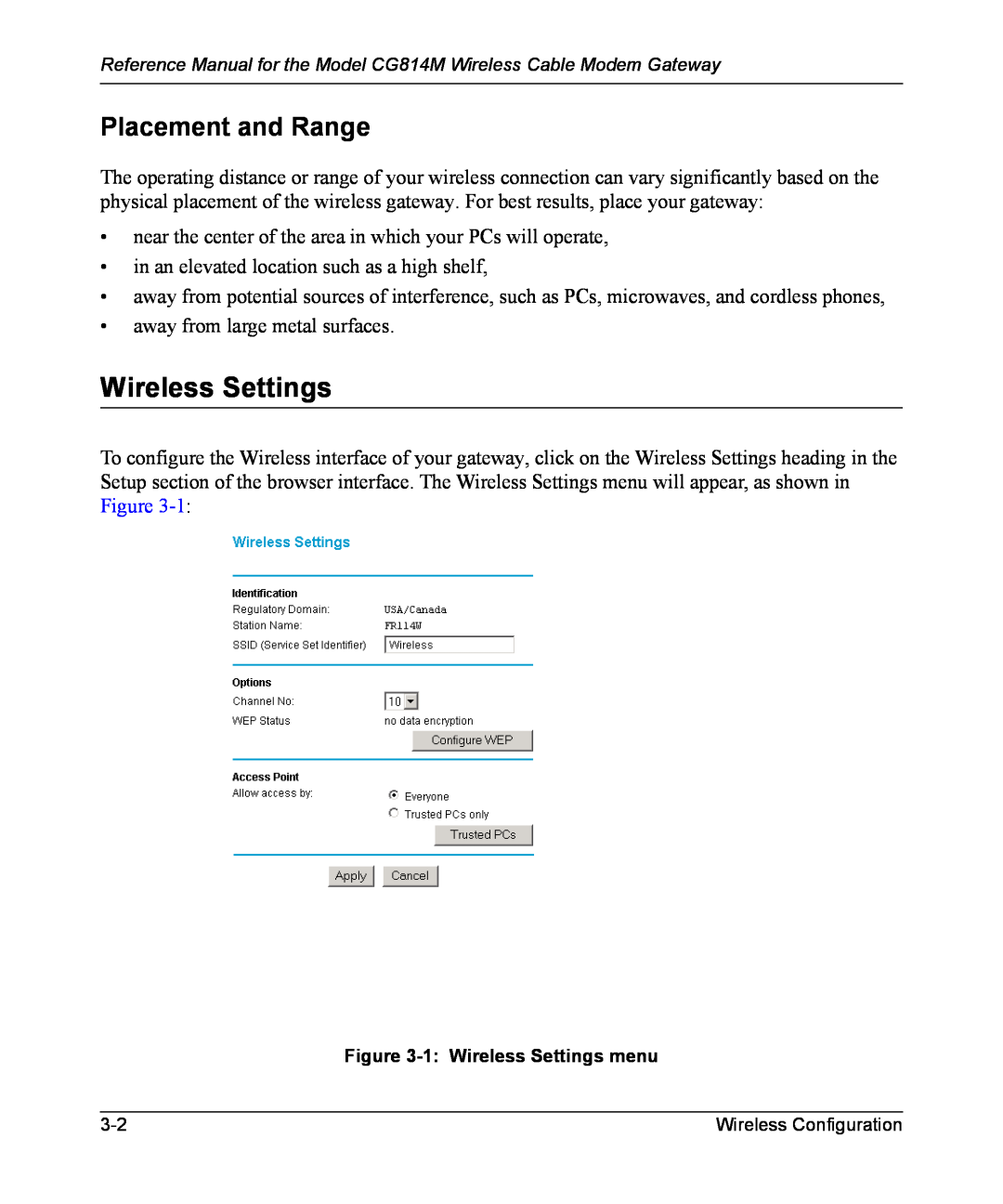 NETGEAR CG814M manual Wireless Settings, Placement and Range 