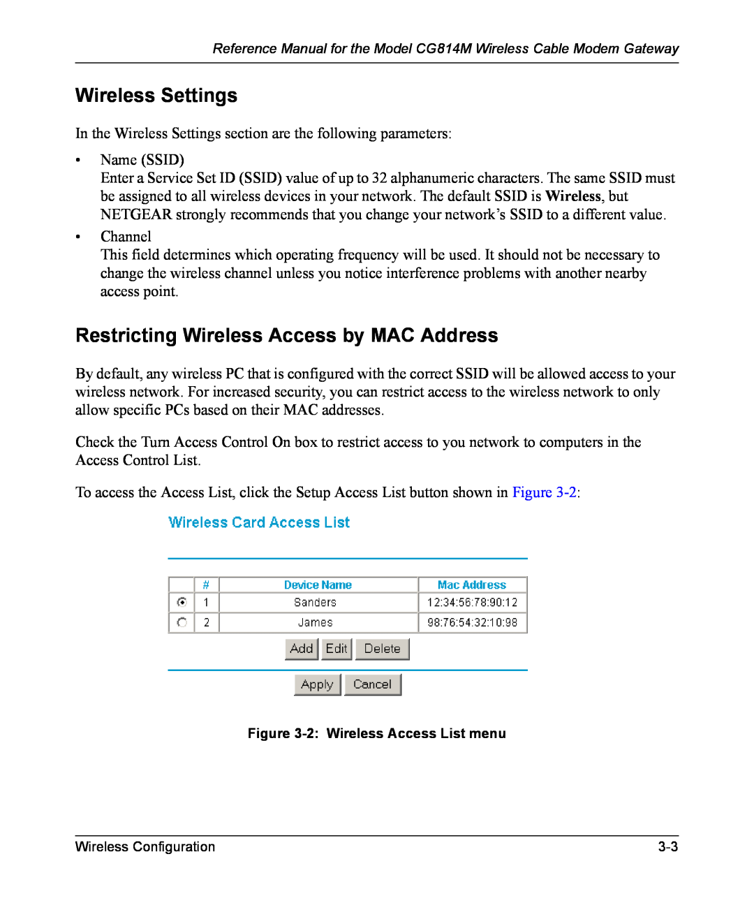 NETGEAR CG814M manual Wireless Settings, Restricting Wireless Access by MAC Address 