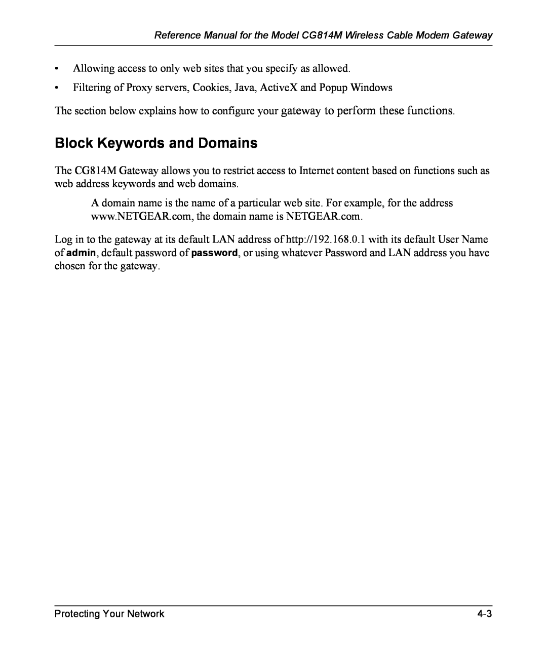 NETGEAR CG814M manual Block Keywords and Domains 