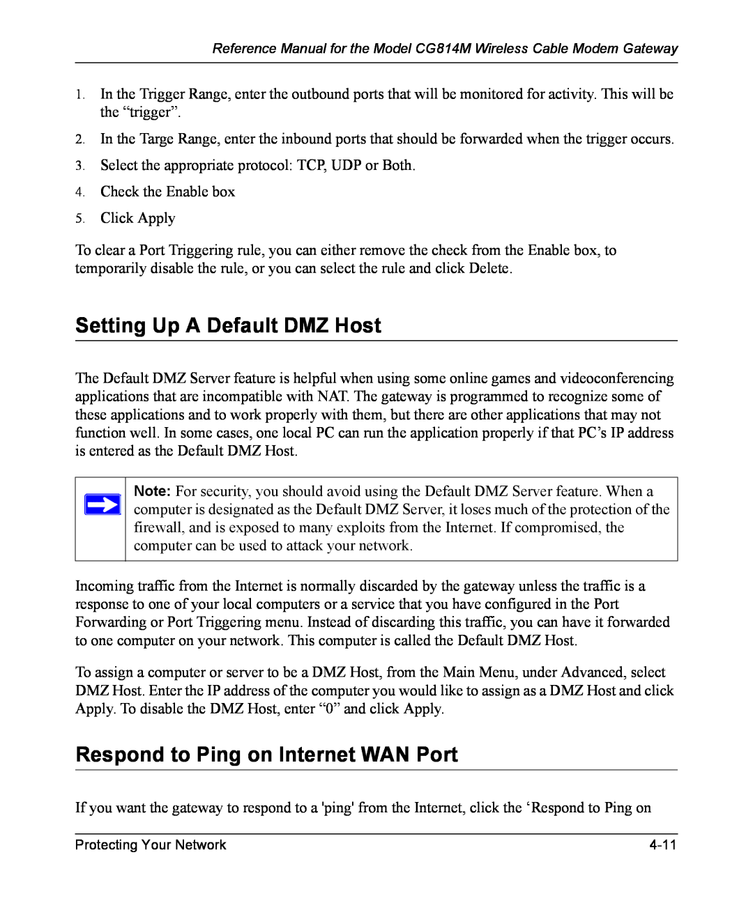 NETGEAR CG814M manual Setting Up A Default DMZ Host, Respond to Ping on Internet WAN Port 