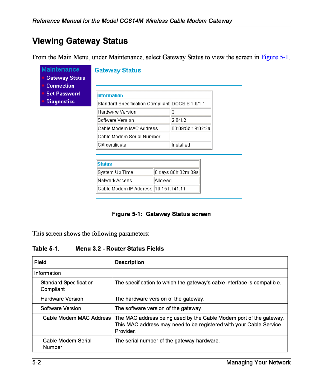 NETGEAR manual Viewing Gateway Status, Reference Manual for the Model CG814M Wireless Cable Modem Gateway 