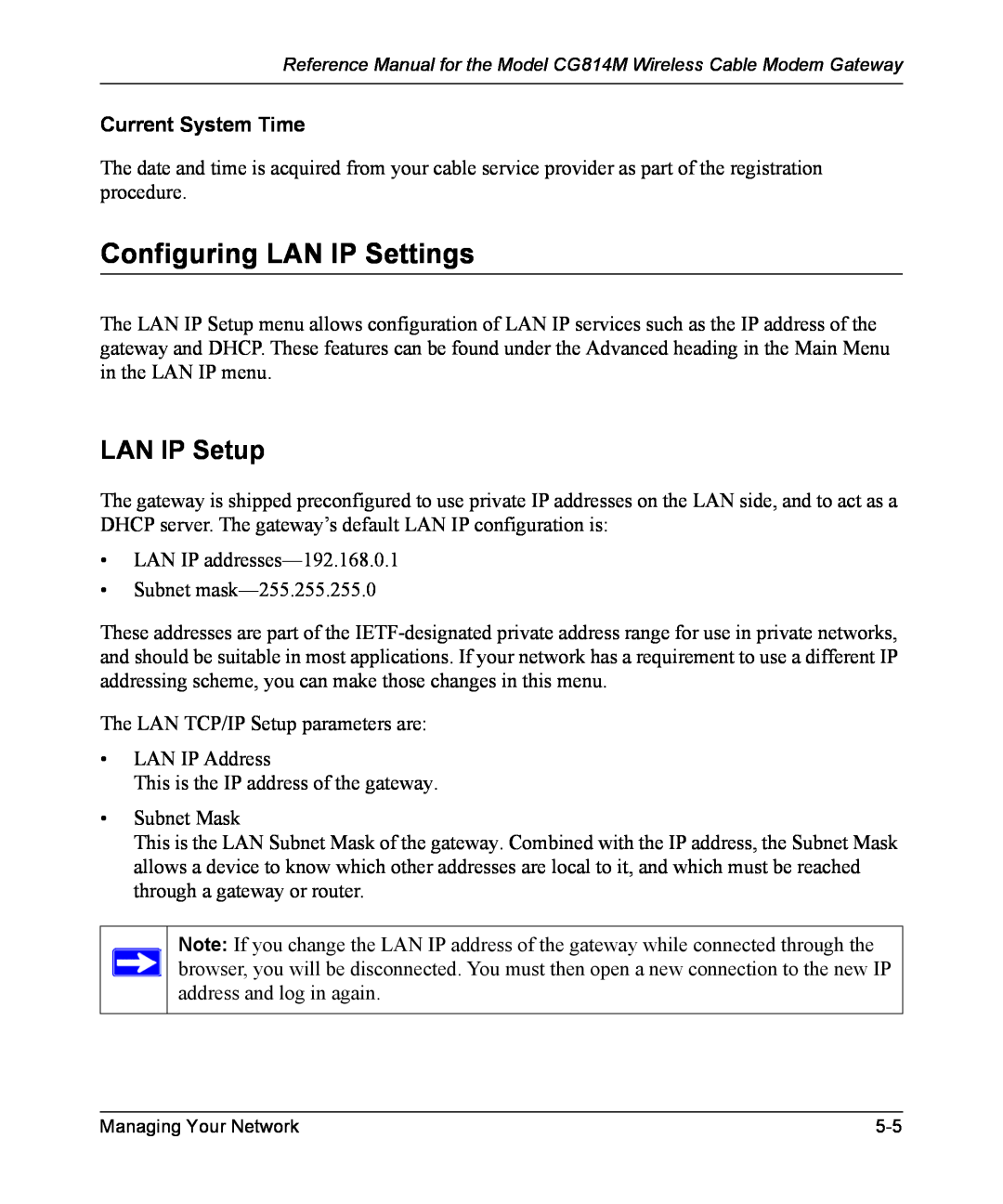 NETGEAR CG814M manual Configuring LAN IP Settings, LAN IP Setup, Current System Time 