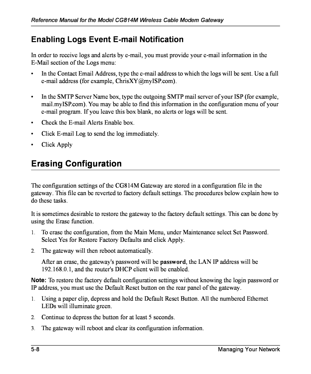 NETGEAR CG814M manual Erasing Configuration, Enabling Logs Event E-mail Notification 