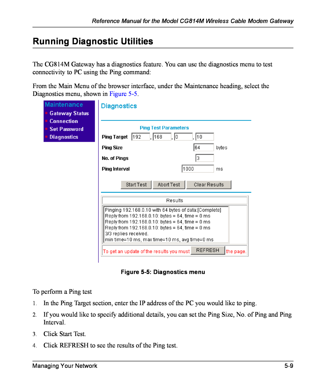 NETGEAR CG814M manual Running Diagnostic Utilities 