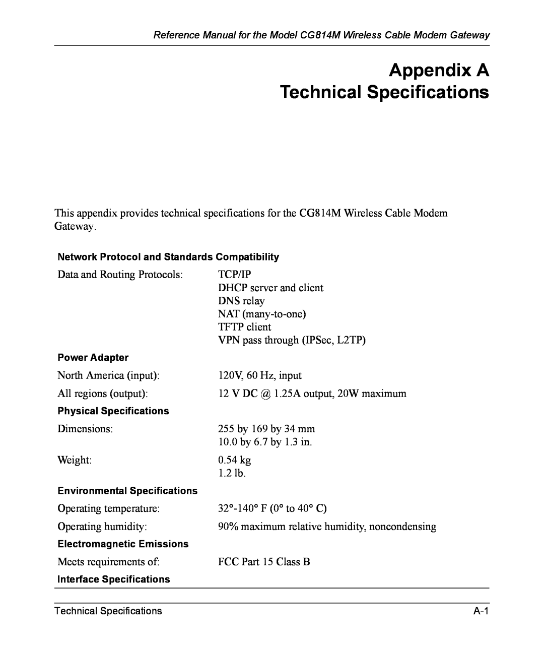 NETGEAR CG814M manual Appendix A Technical Specifications 