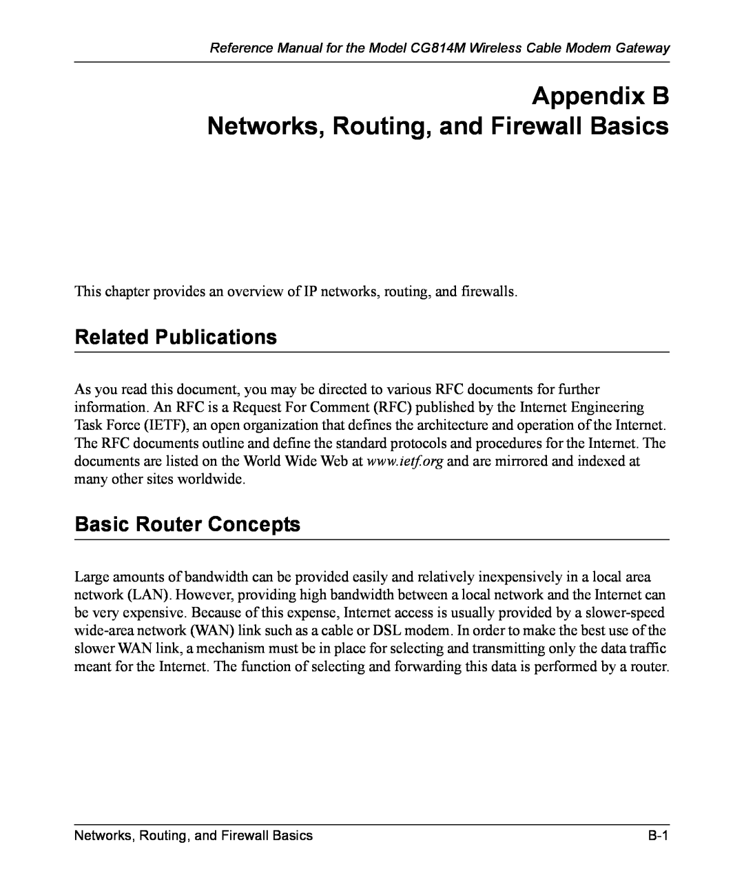 NETGEAR CG814M manual Appendix B Networks, Routing, and Firewall Basics, Related Publications, Basic Router Concepts 