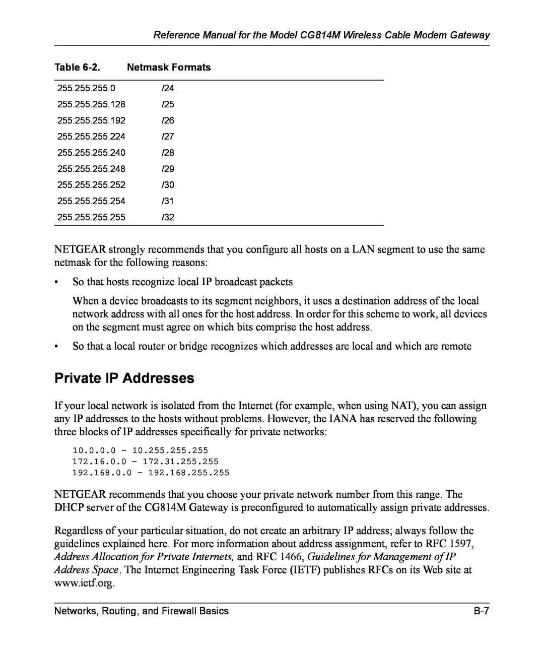 NETGEAR CG814M manual Private IP Addresses 