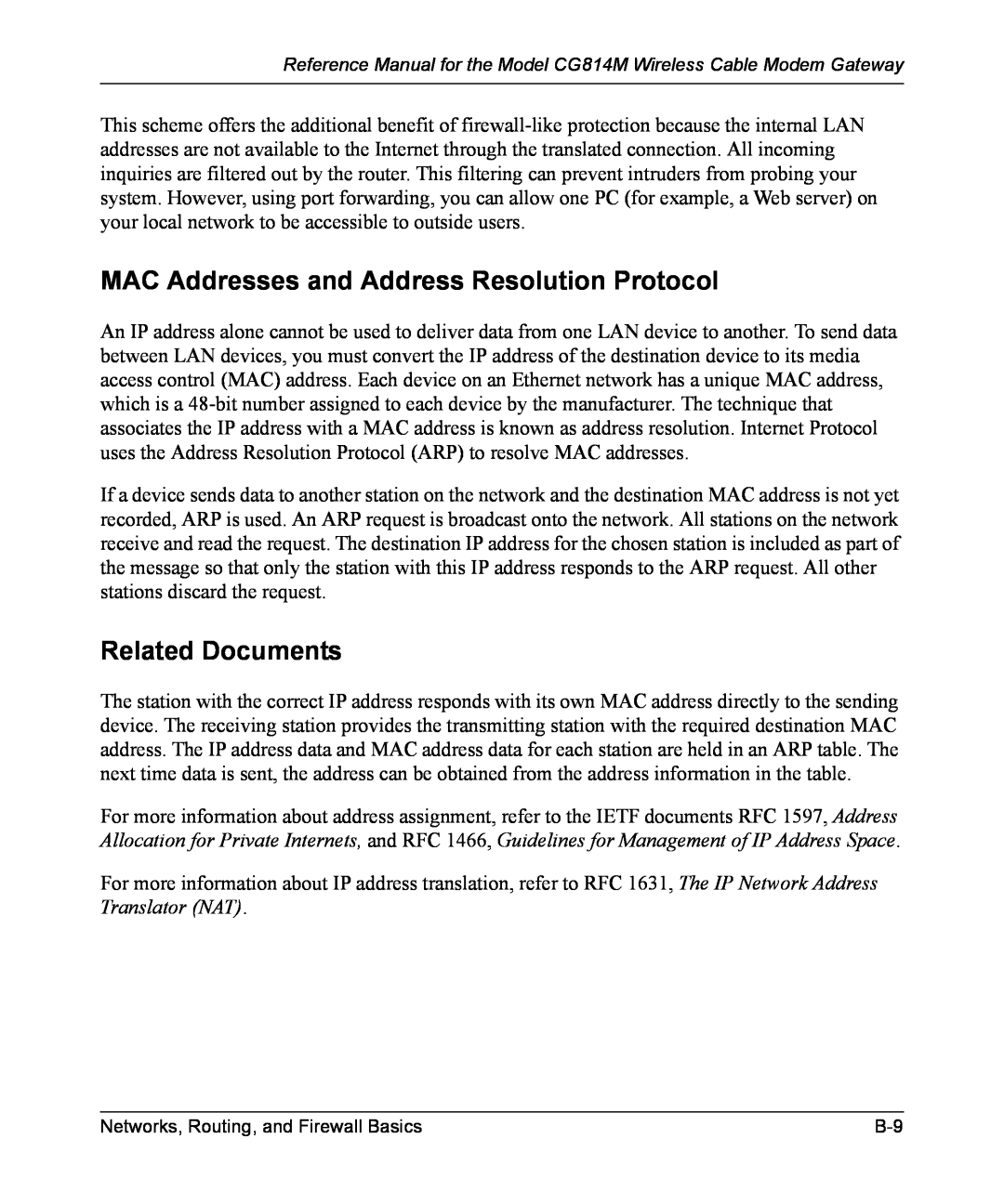 NETGEAR CG814M manual MAC Addresses and Address Resolution Protocol, Related Documents 