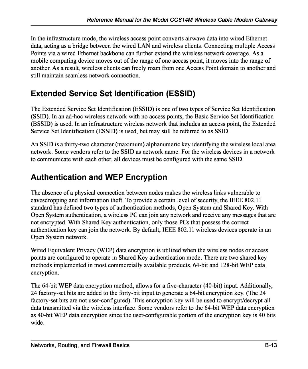 NETGEAR CG814M manual Extended Service Set Identification ESSID, Authentication and WEP Encryption 