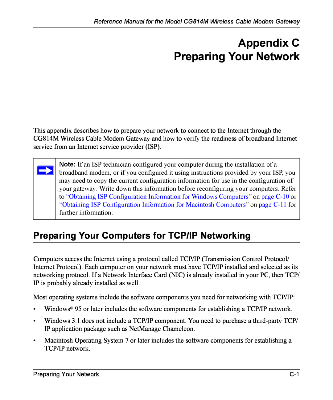NETGEAR CG814M manual Appendix C Preparing Your Network, Preparing Your Computers for TCP/IP Networking 