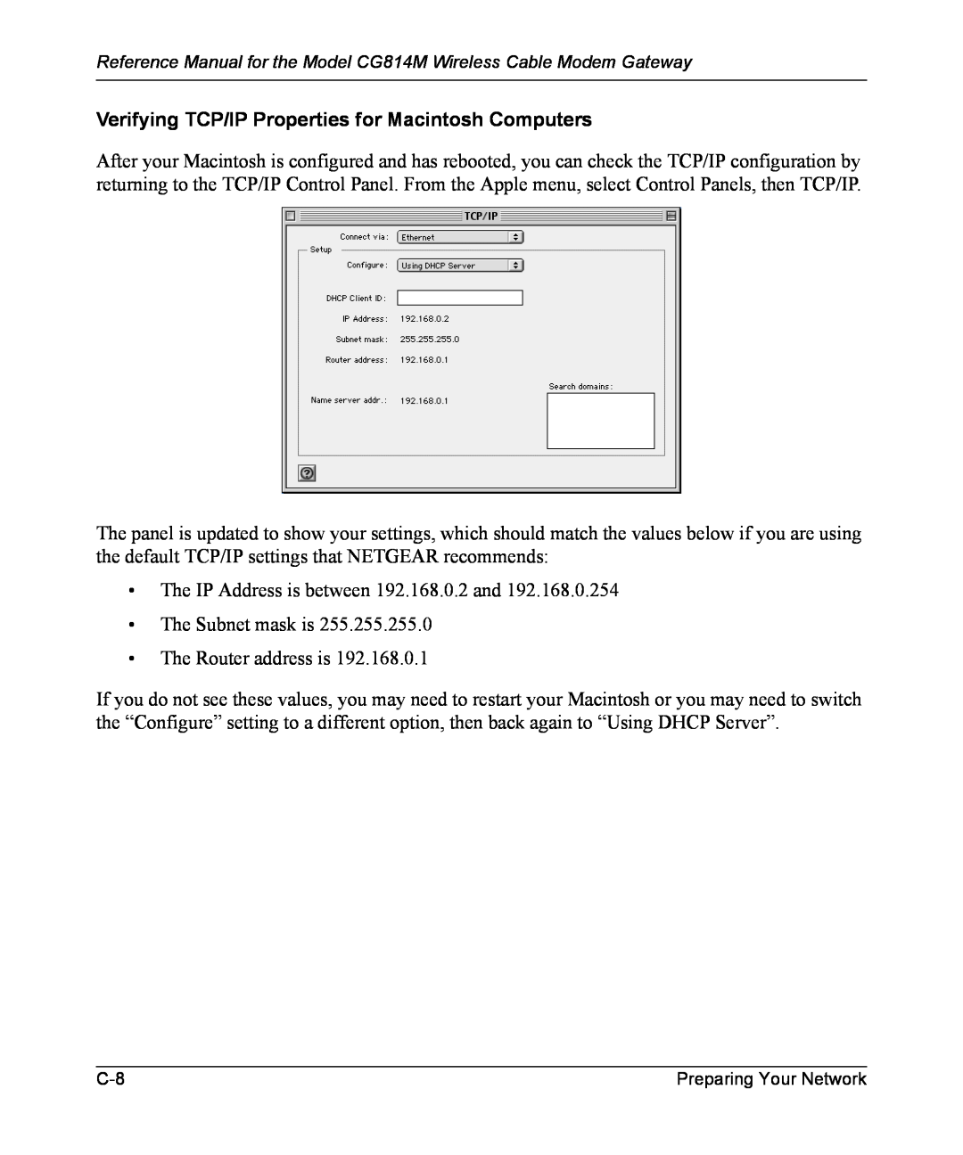 NETGEAR CG814M manual Verifying TCP/IP Properties for Macintosh Computers 