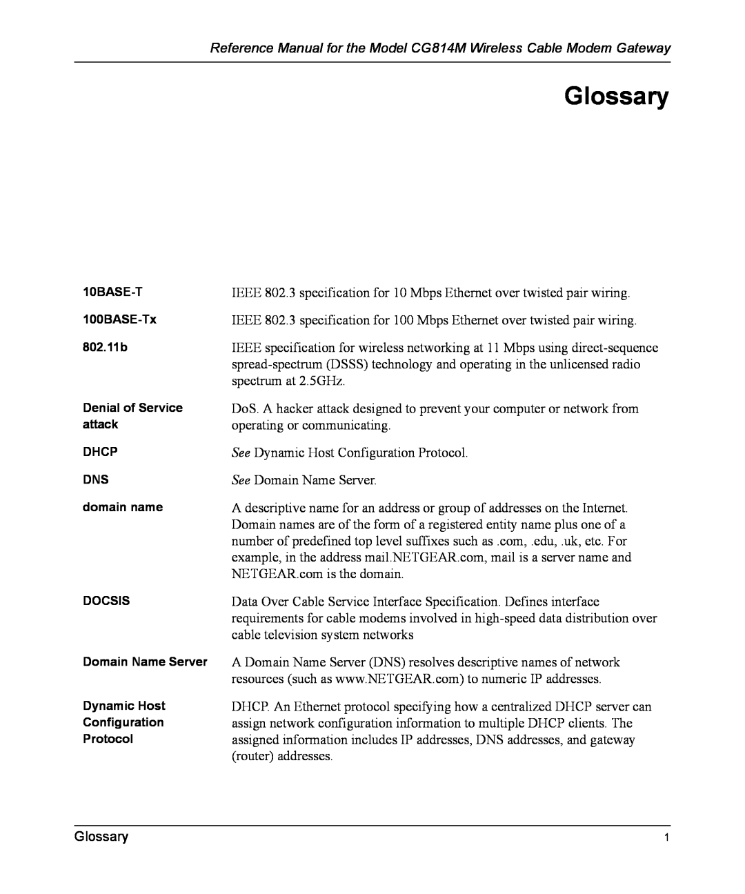 NETGEAR manual Glossary, Reference Manual for the Model CG814M Wireless Cable Modem Gateway 