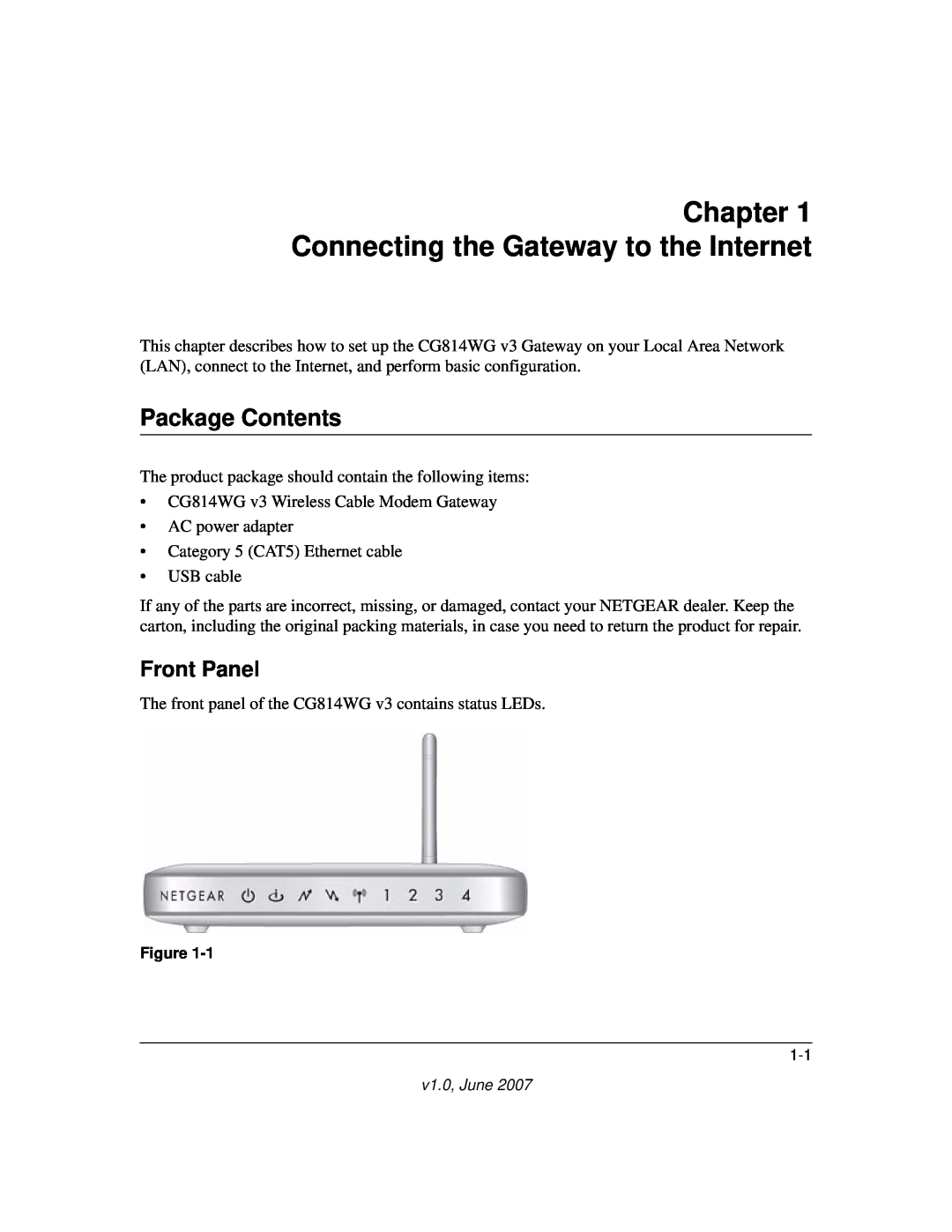 NETGEAR CG814WG V3 manual Connecting the Gateway to the Internet, Package Contents, Front Panel 