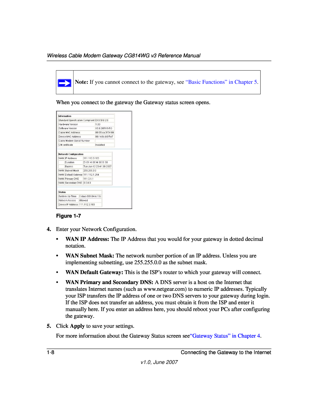 NETGEAR CG814WG V3 manual When you connect to the gateway the Gateway status screen opens 