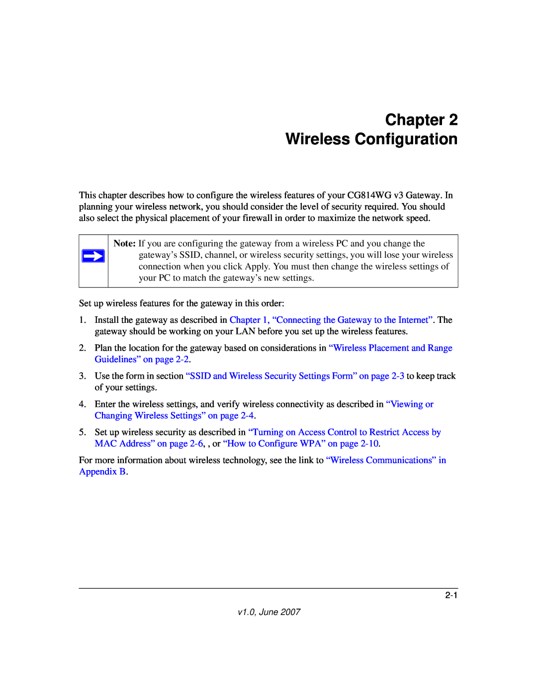NETGEAR CG814WG V3 manual Chapter Wireless Configuration 