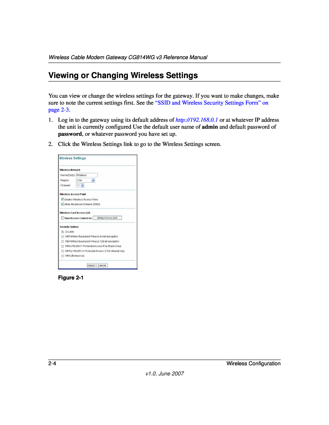 NETGEAR CG814WG V3 manual Viewing or Changing Wireless Settings 