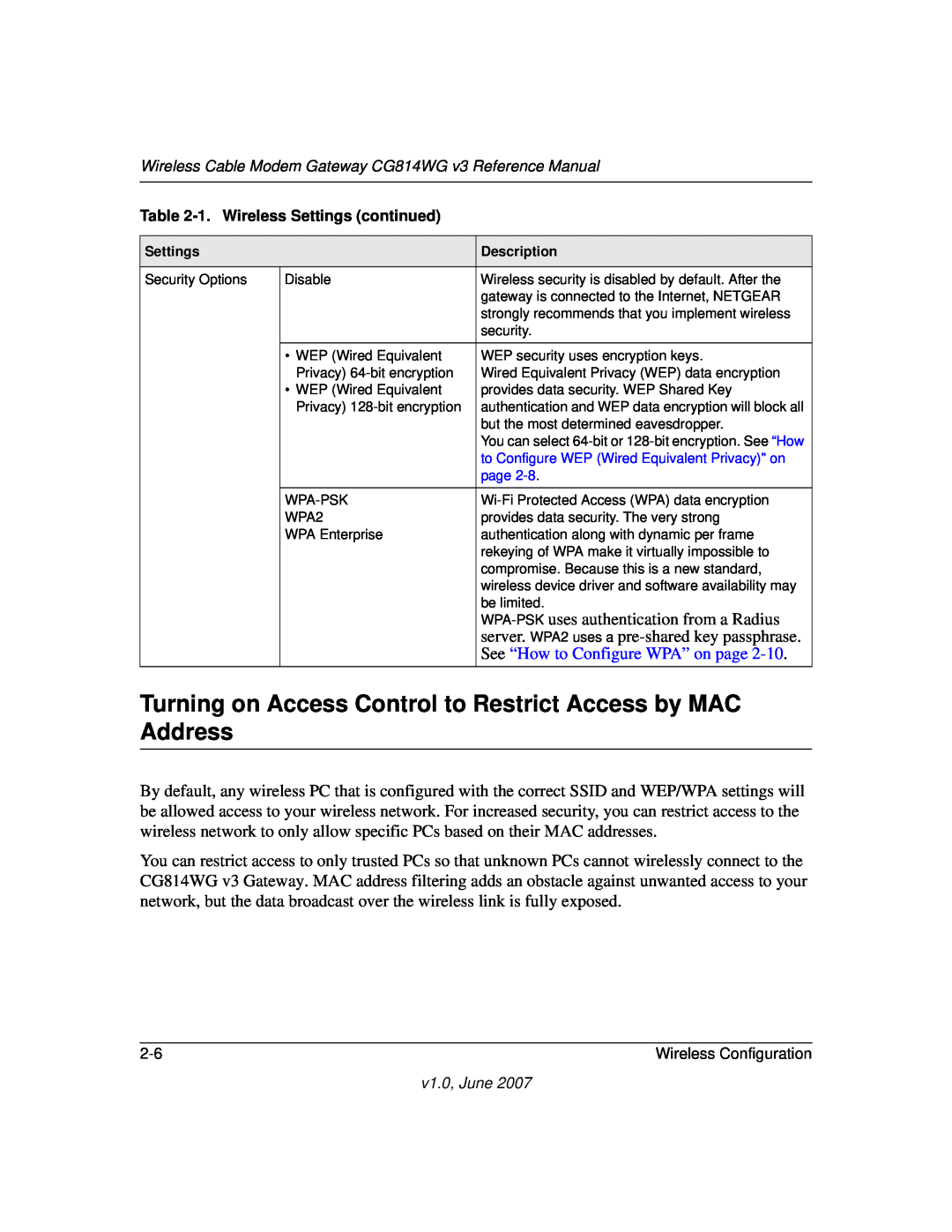 NETGEAR CG814WG V3 manual Turning on Access Control to Restrict Access by MAC Address 