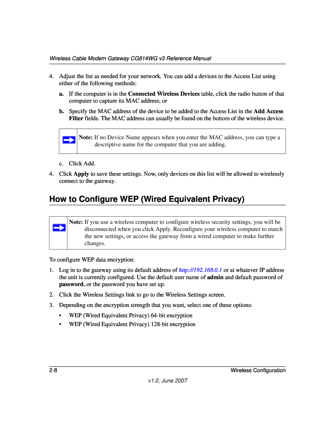 NETGEAR CG814WG V3 manual How to Configure WEP Wired Equivalent Privacy 