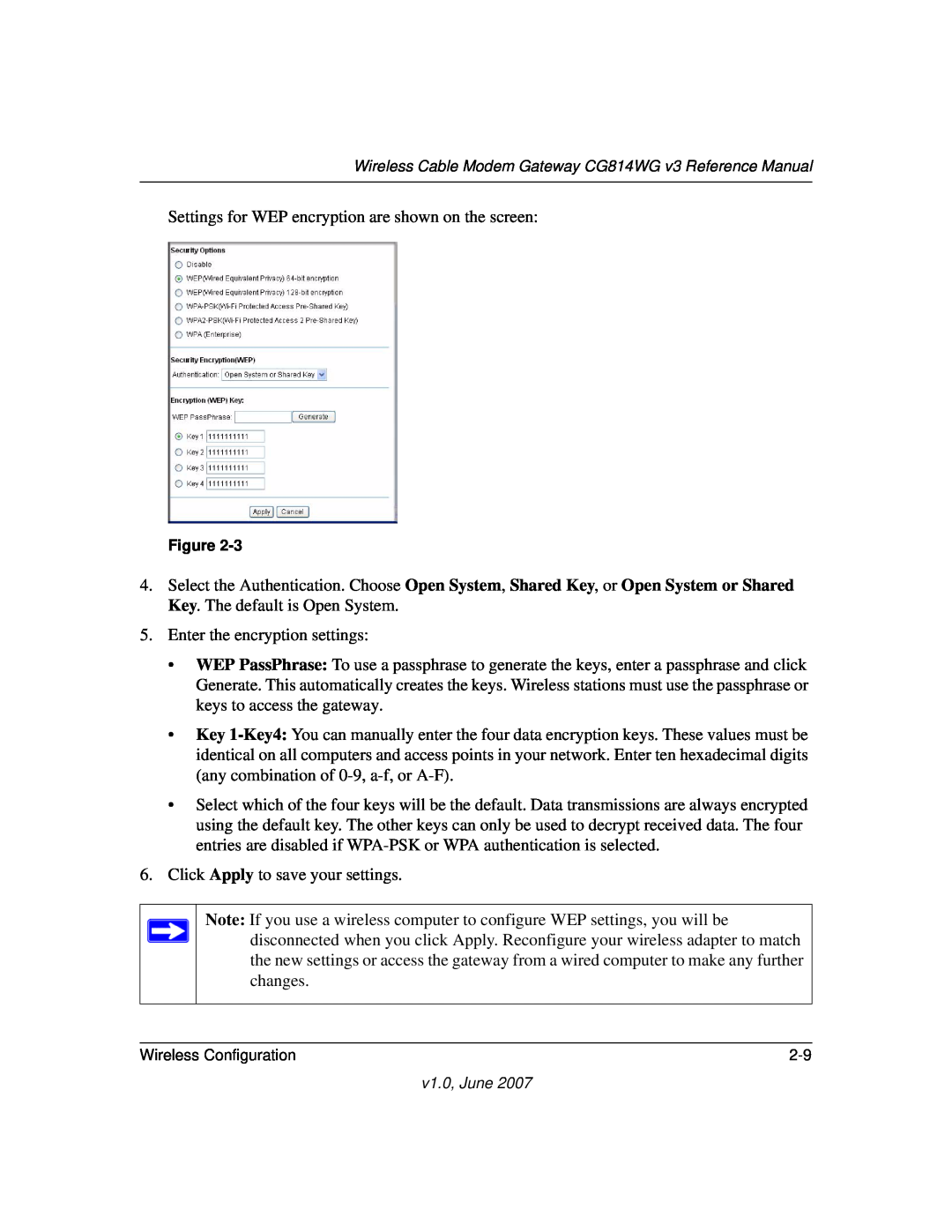 NETGEAR CG814WG V3 manual Settings for WEP encryption are shown on the screen 