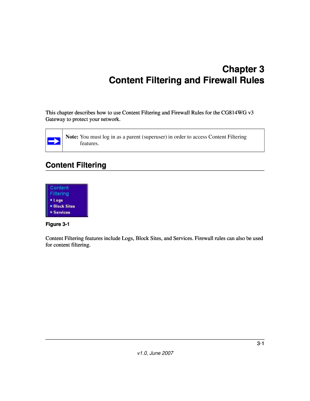 NETGEAR CG814WG V3 manual Chapter Content Filtering and Firewall Rules 