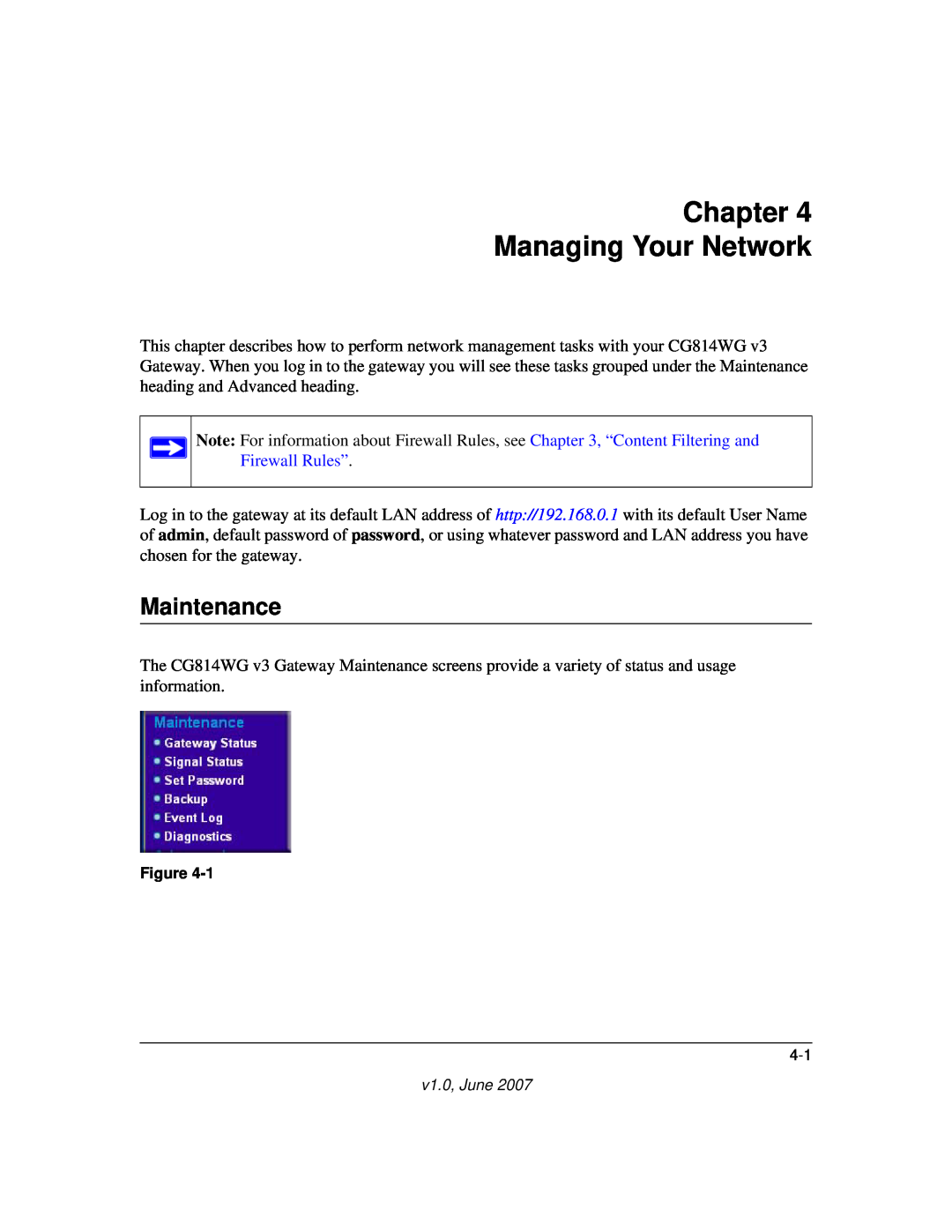 NETGEAR CG814WG V3 manual Chapter Managing Your Network, Maintenance 