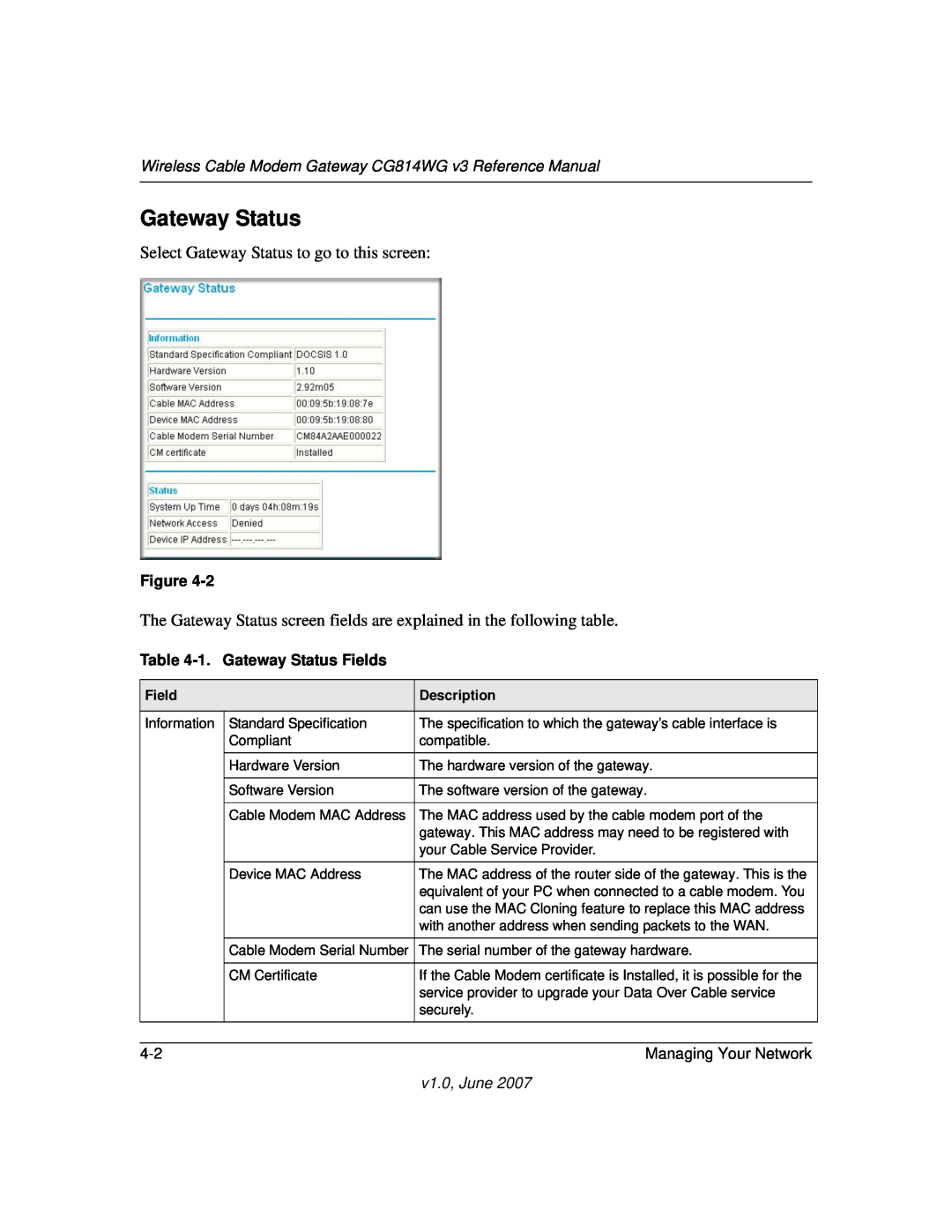 NETGEAR CG814WG V3 Wireless Cable Modem Gateway CG814WG v3 Reference Manual, 1. Gateway Status Fields, v1.0, June 