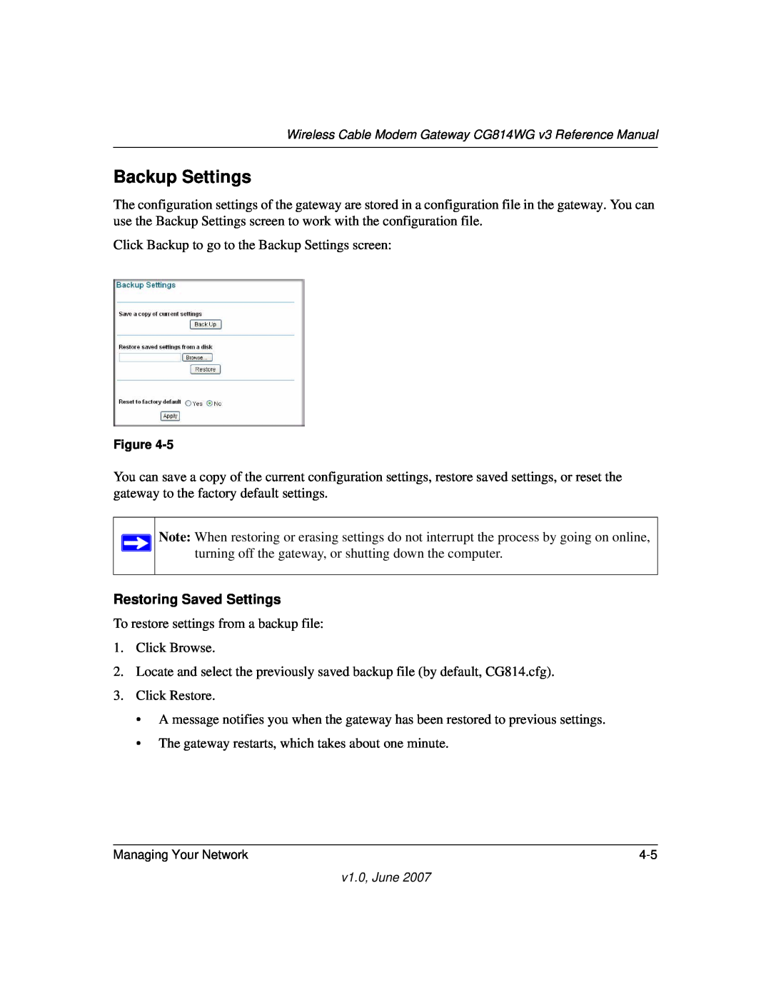 NETGEAR CG814WG V3 manual Backup Settings, Restoring Saved Settings 