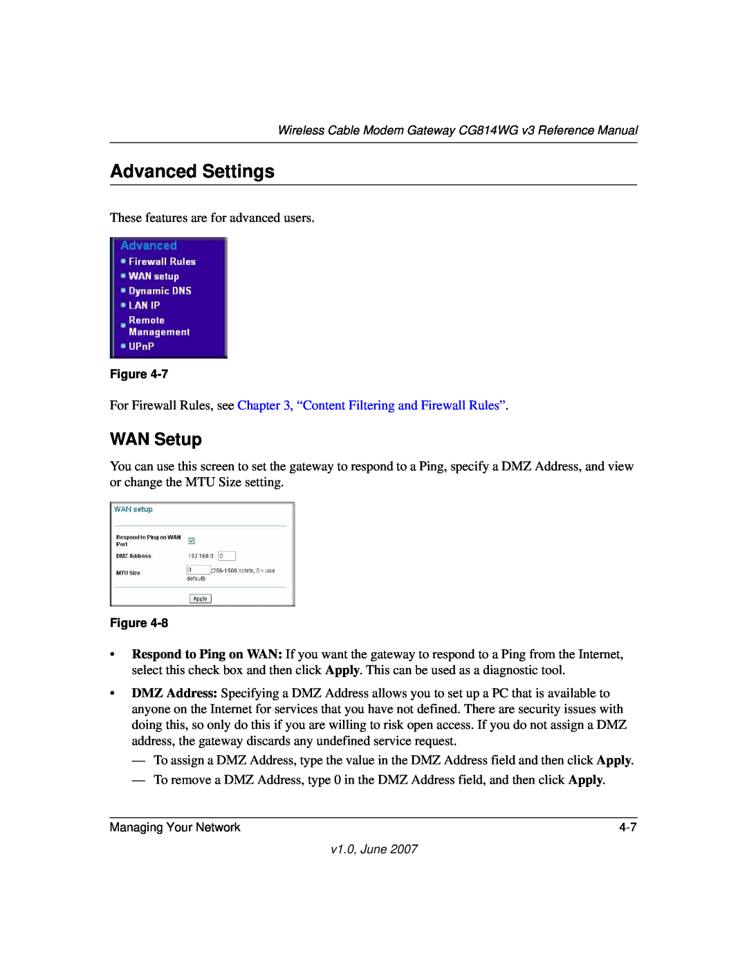 NETGEAR CG814WG V3 manual Advanced Settings, WAN Setup 