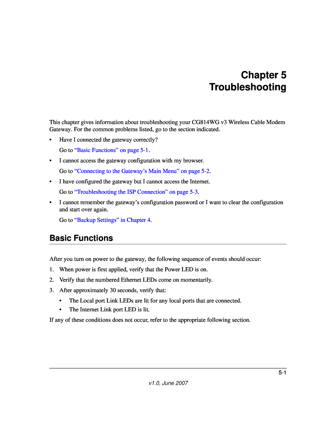 NETGEAR CG814WG V3 manual Chapter Troubleshooting, Basic Functions 