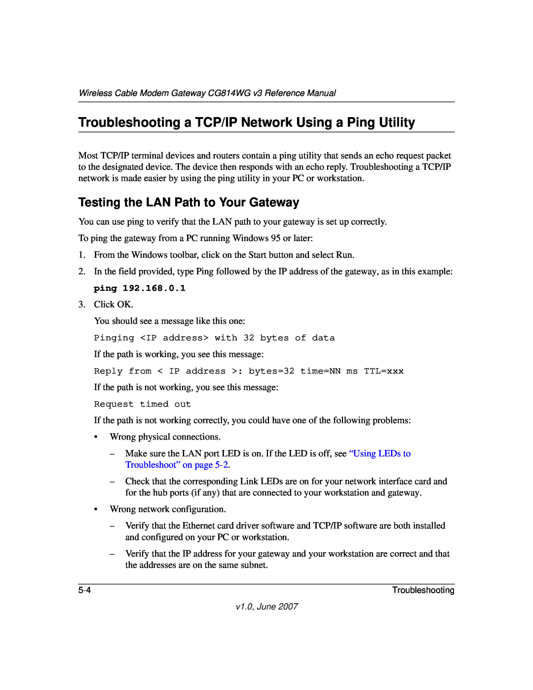NETGEAR CG814WG V3 manual Troubleshooting a TCP/IP Network Using a Ping Utility, Testing the LAN Path to Your Gateway 