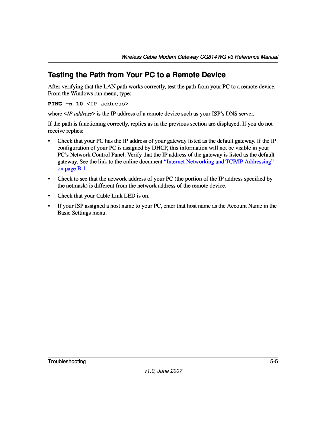 NETGEAR CG814WG V3 manual Testing the Path from Your PC to a Remote Device 