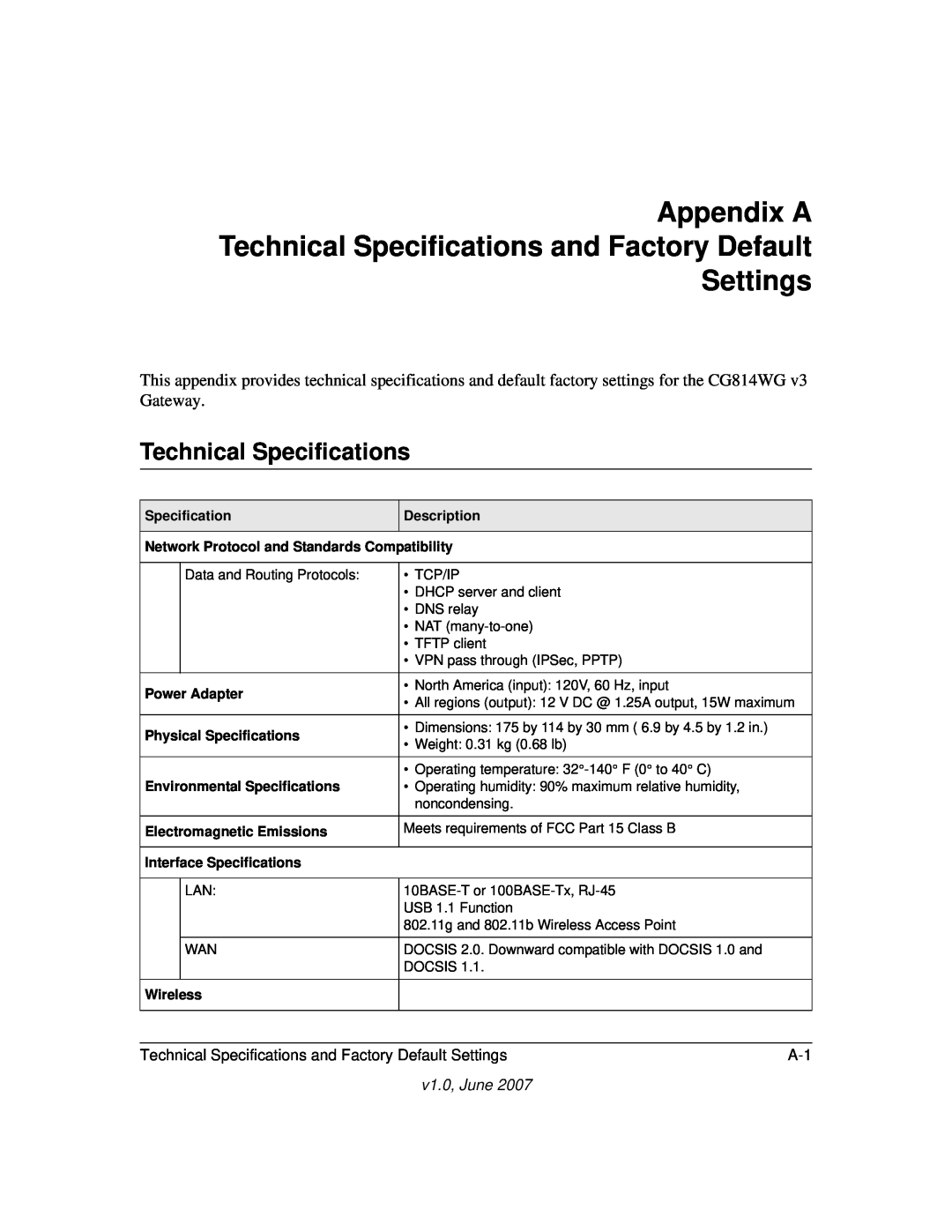 NETGEAR CG814WG V3 manual Appendix A Technical Specifications and Factory Default Settings, v1.0, June 