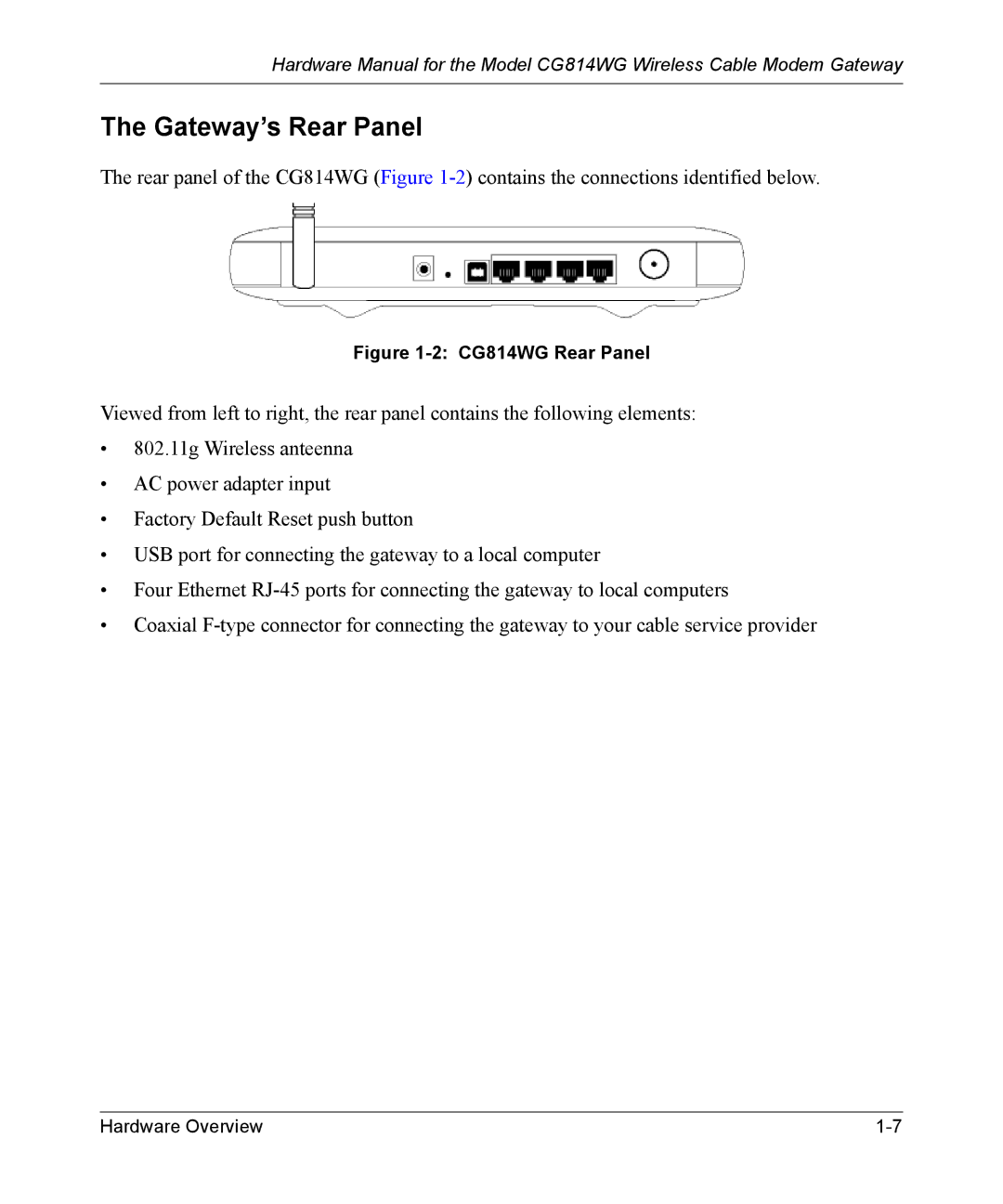 NETGEAR manual Gateway’s Rear Panel, CG814WG Rear Panel 