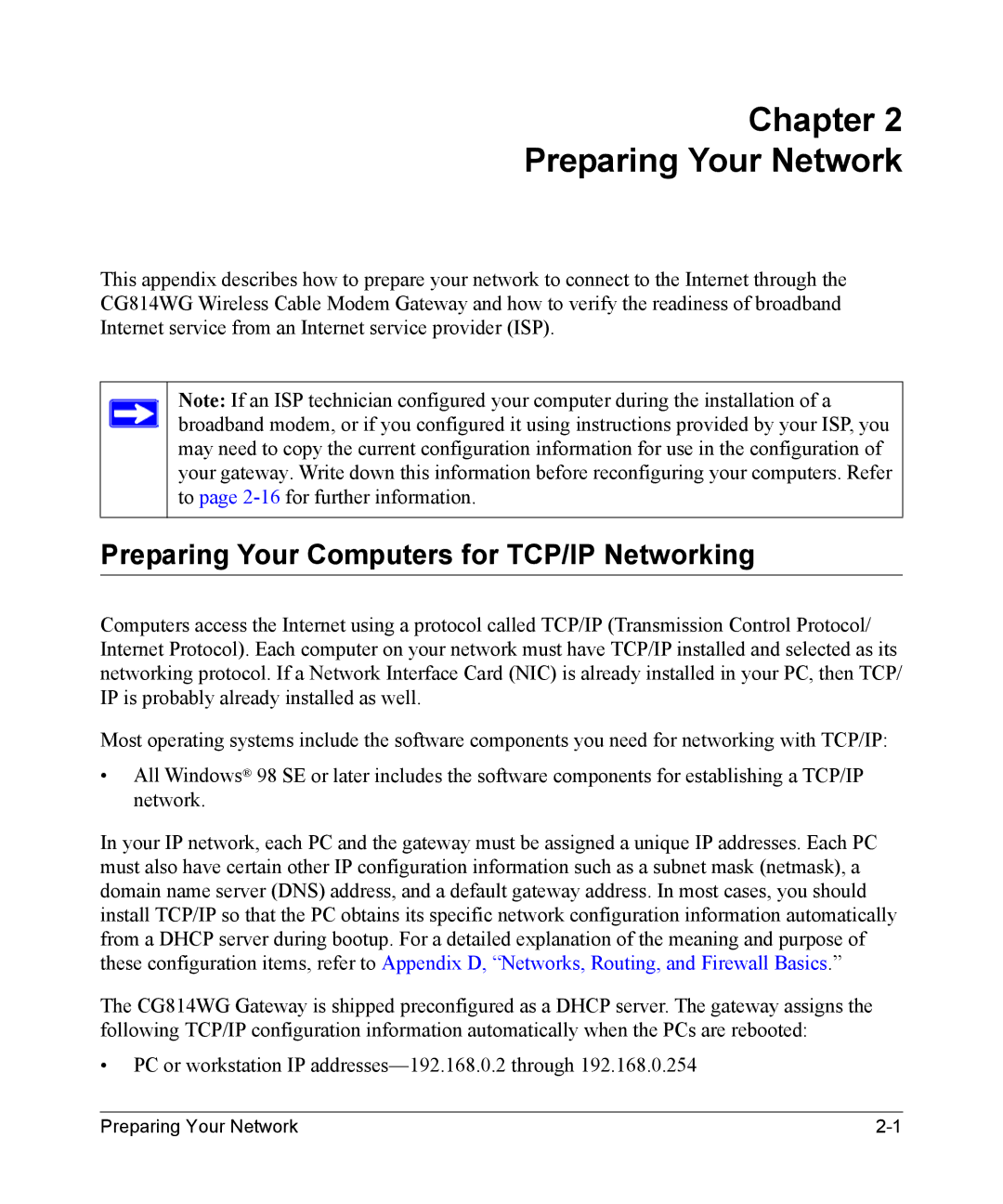 NETGEAR CG814WG manual Chapter Preparing Your Network, Preparing Your Computers for TCP/IP Networking 