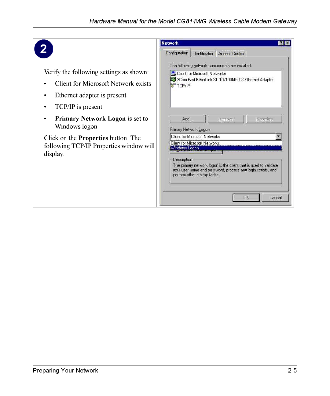 NETGEAR CG814WG manual Primary Network Logon is set to Windows logon 