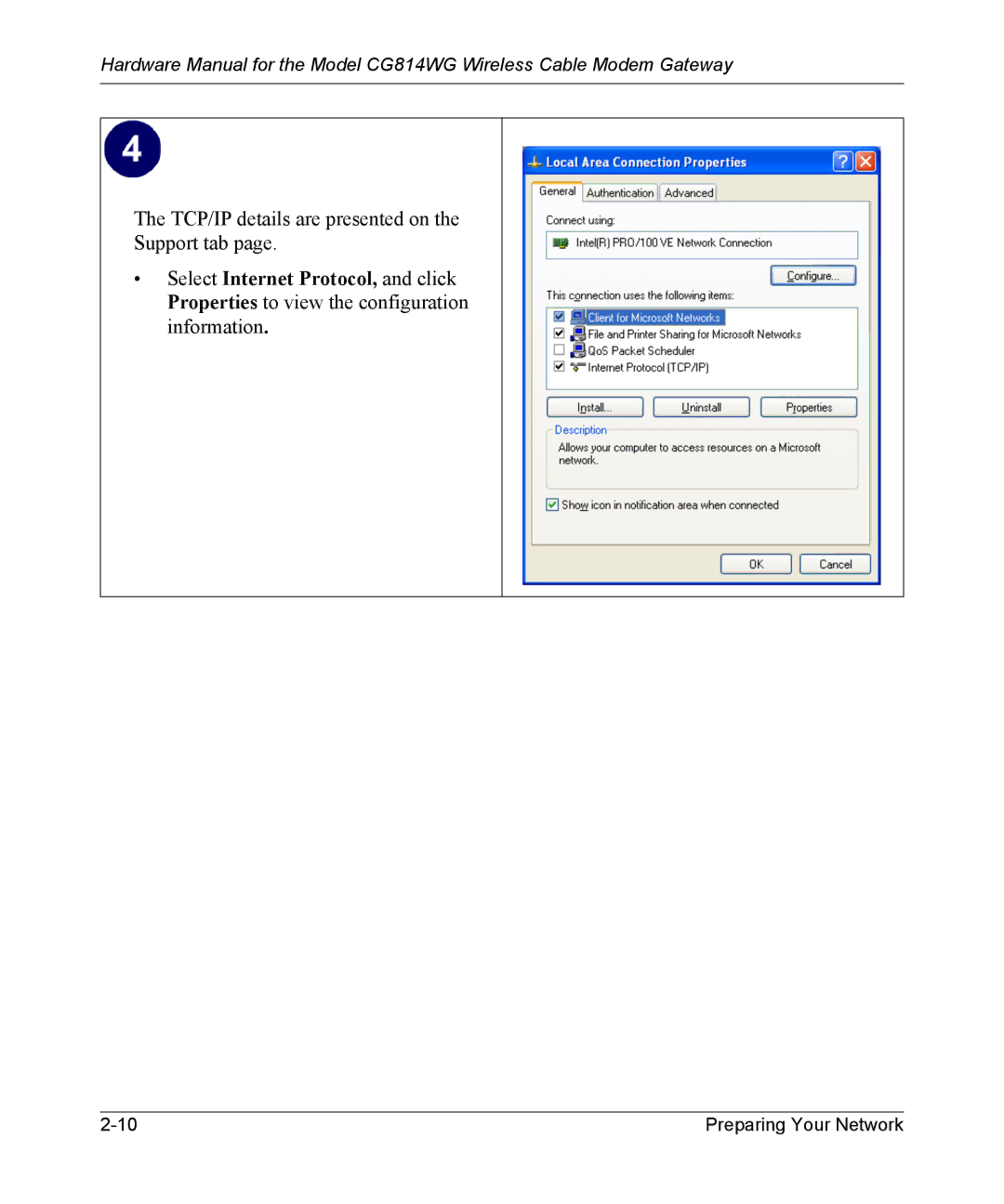 NETGEAR CG814WG manual TCP/IP details are presented on Support tab 