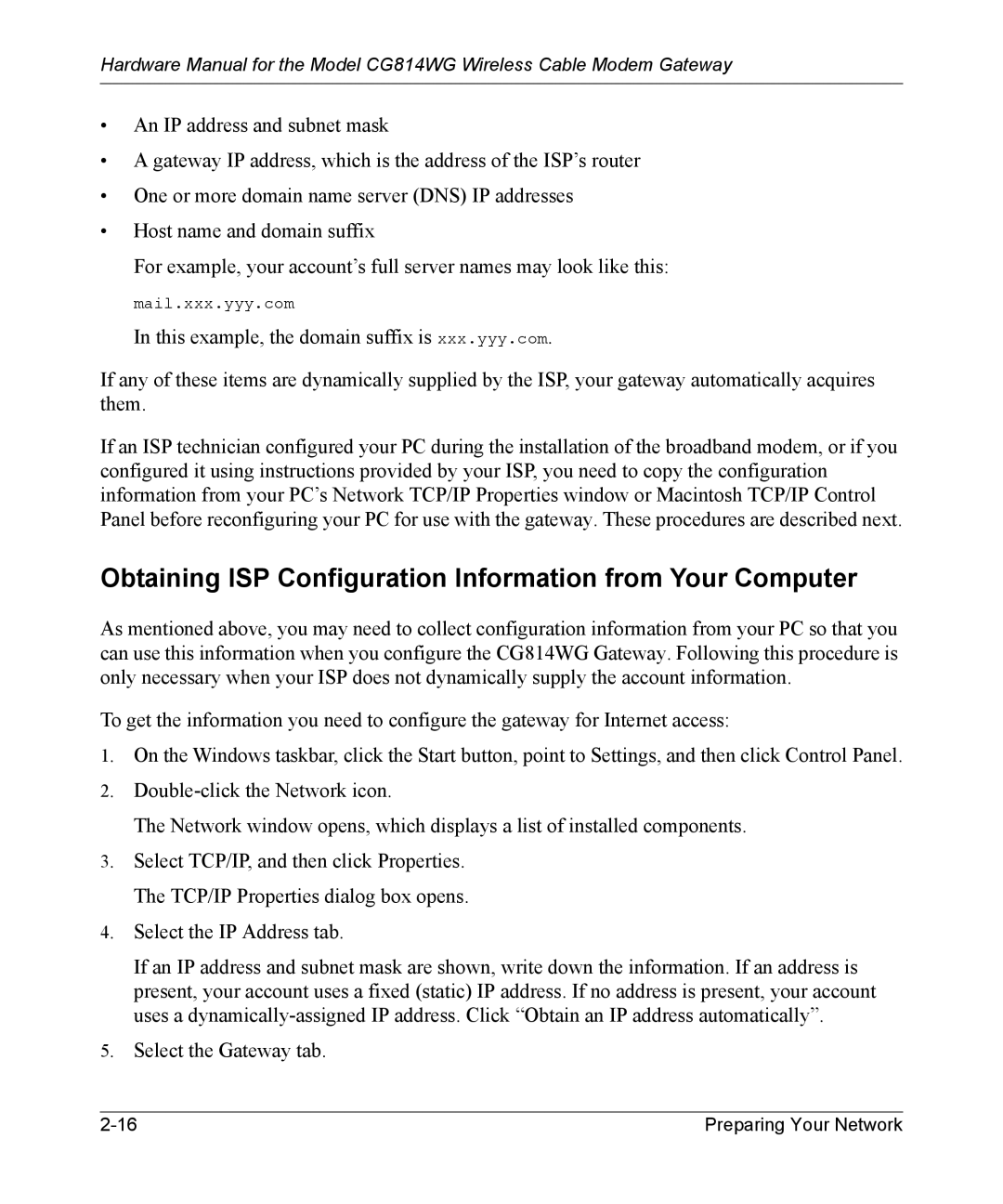 NETGEAR CG814WG manual Obtaining ISP Configuration Information from Your Computer, Select the Gateway tab 