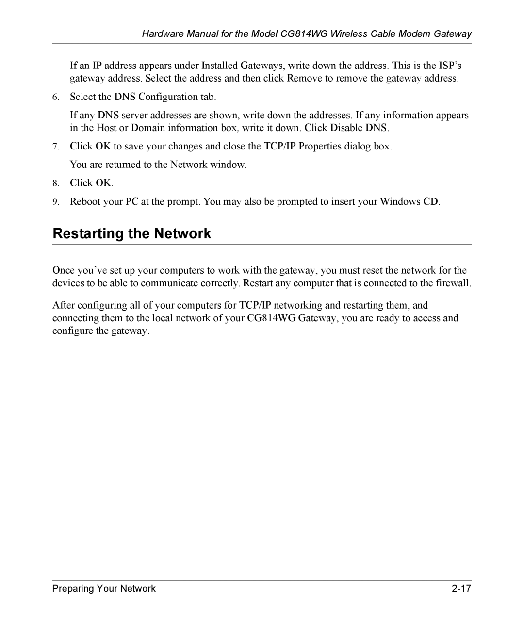 NETGEAR CG814WG manual Restarting the Network 