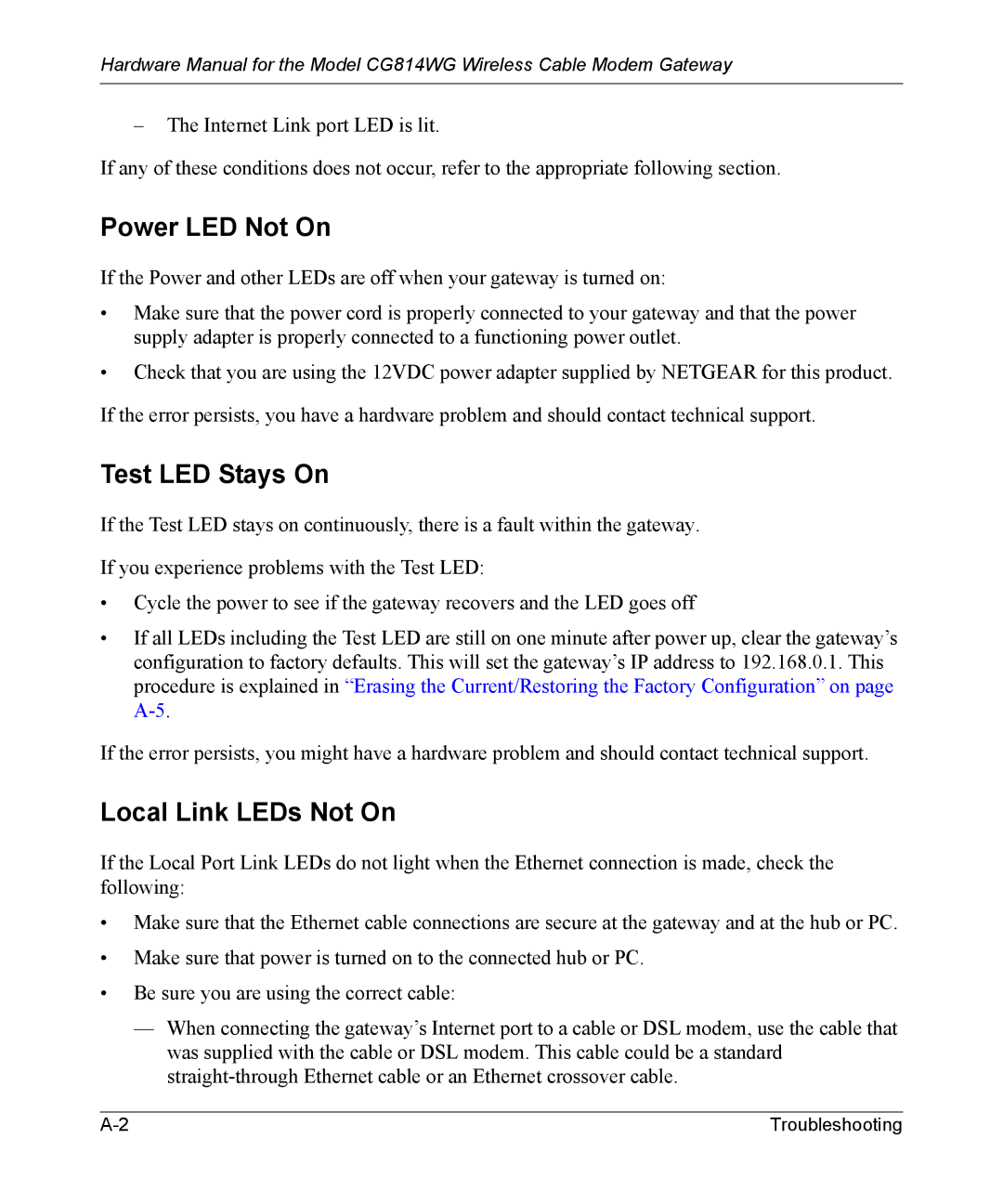 NETGEAR CG814WG manual Power LED Not On, Test LED Stays On, Local Link LEDs Not On 