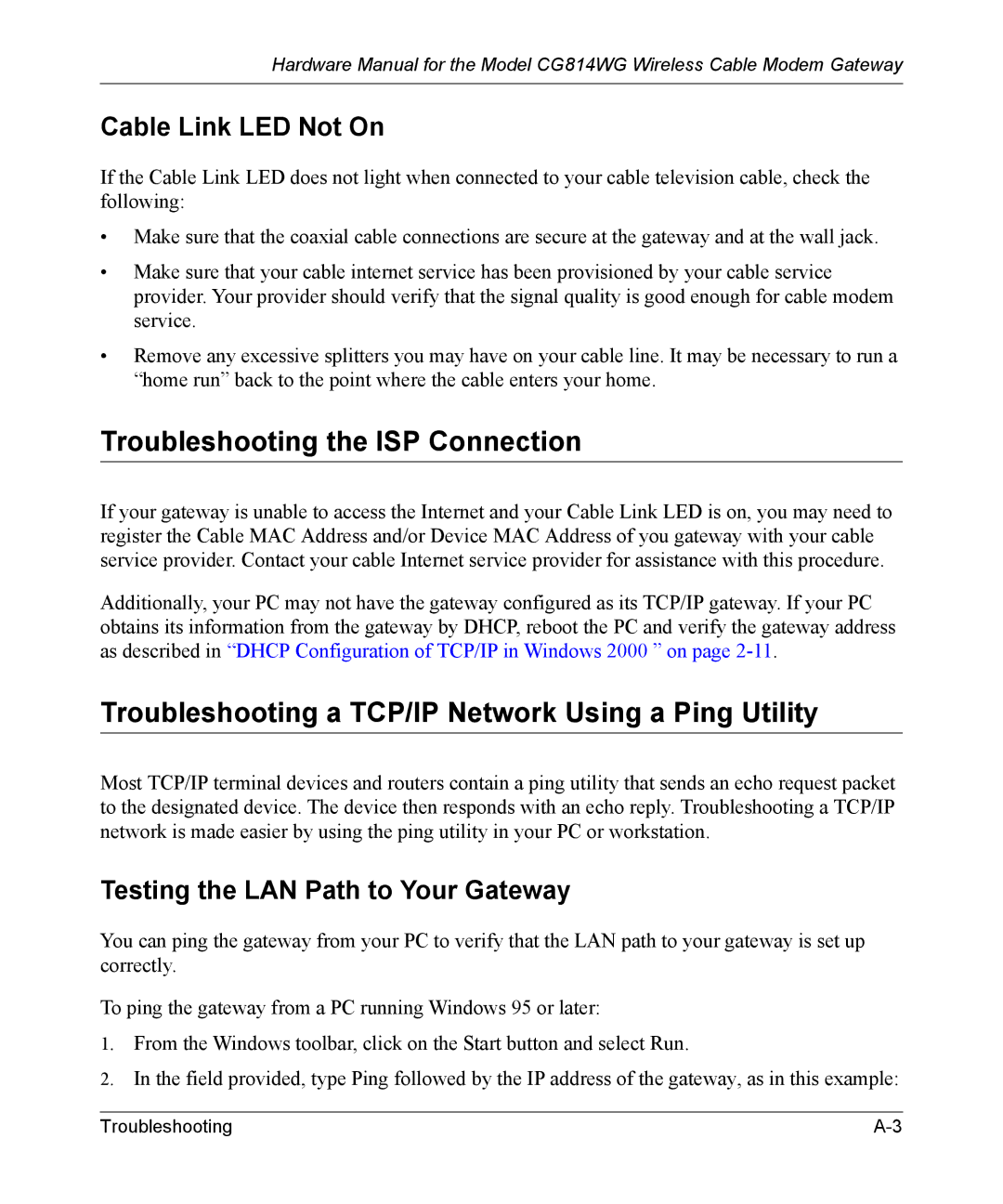 NETGEAR CG814WG manual Troubleshooting the ISP Connection, Troubleshooting a TCP/IP Network Using a Ping Utility 