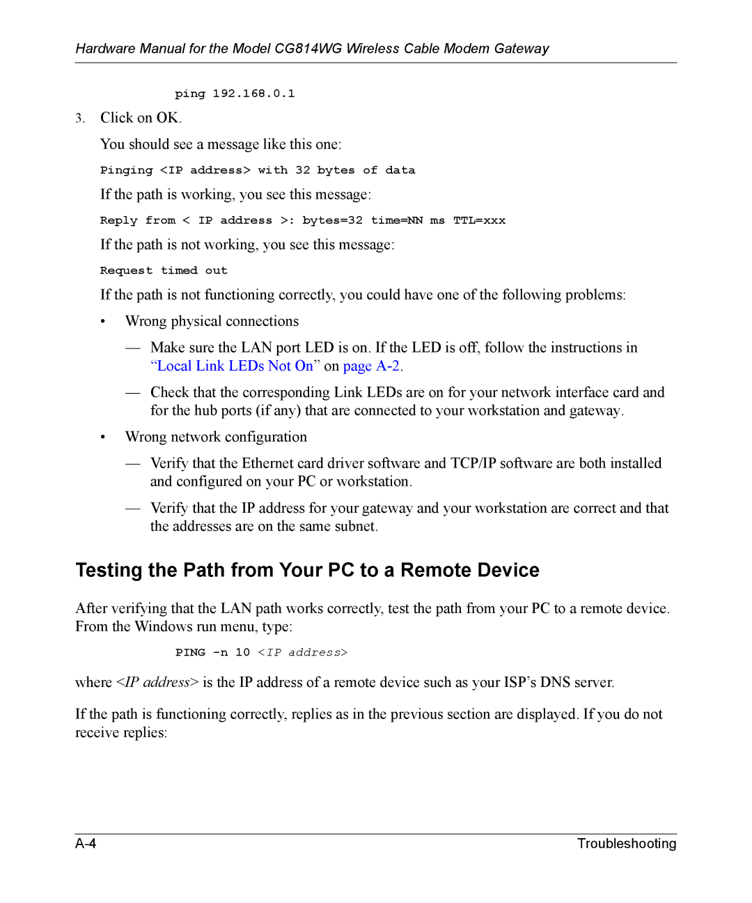 NETGEAR CG814WG manual Testing the Path from Your PC to a Remote Device 