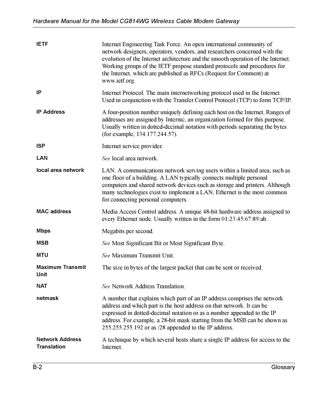 NETGEAR CG814WG manual Internet, which are published as RFCs Request for Comment at 