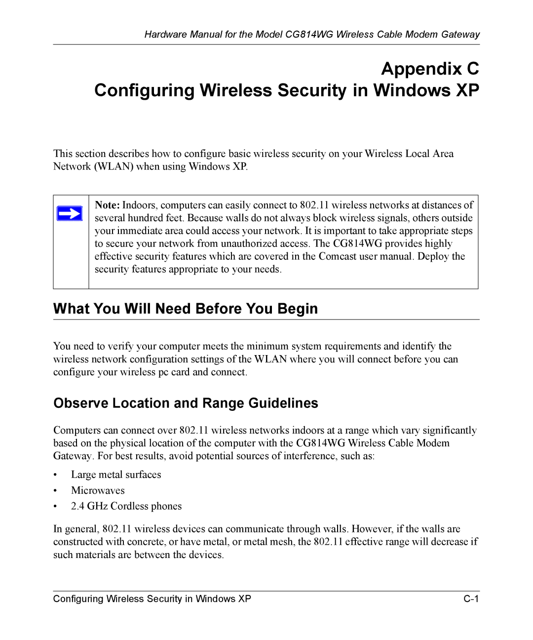 NETGEAR CG814WG manual Appendix C Configuring Wireless Security in Windows XP, What You Will Need Before You Begin 