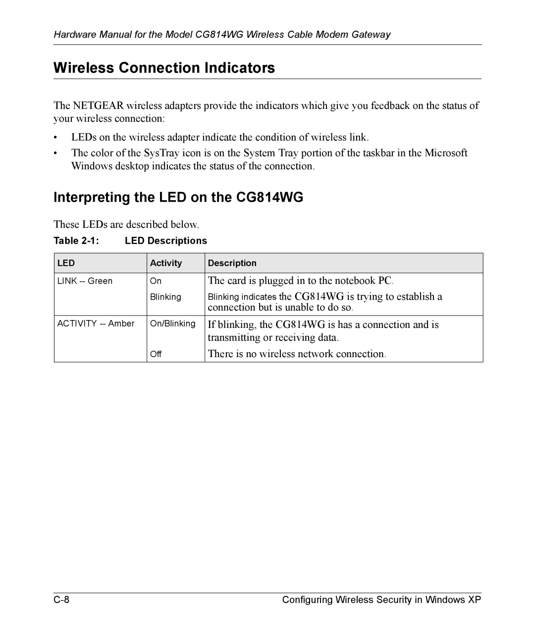 NETGEAR manual Wireless Connection Indicators, Interpreting the LED on the CG814WG 