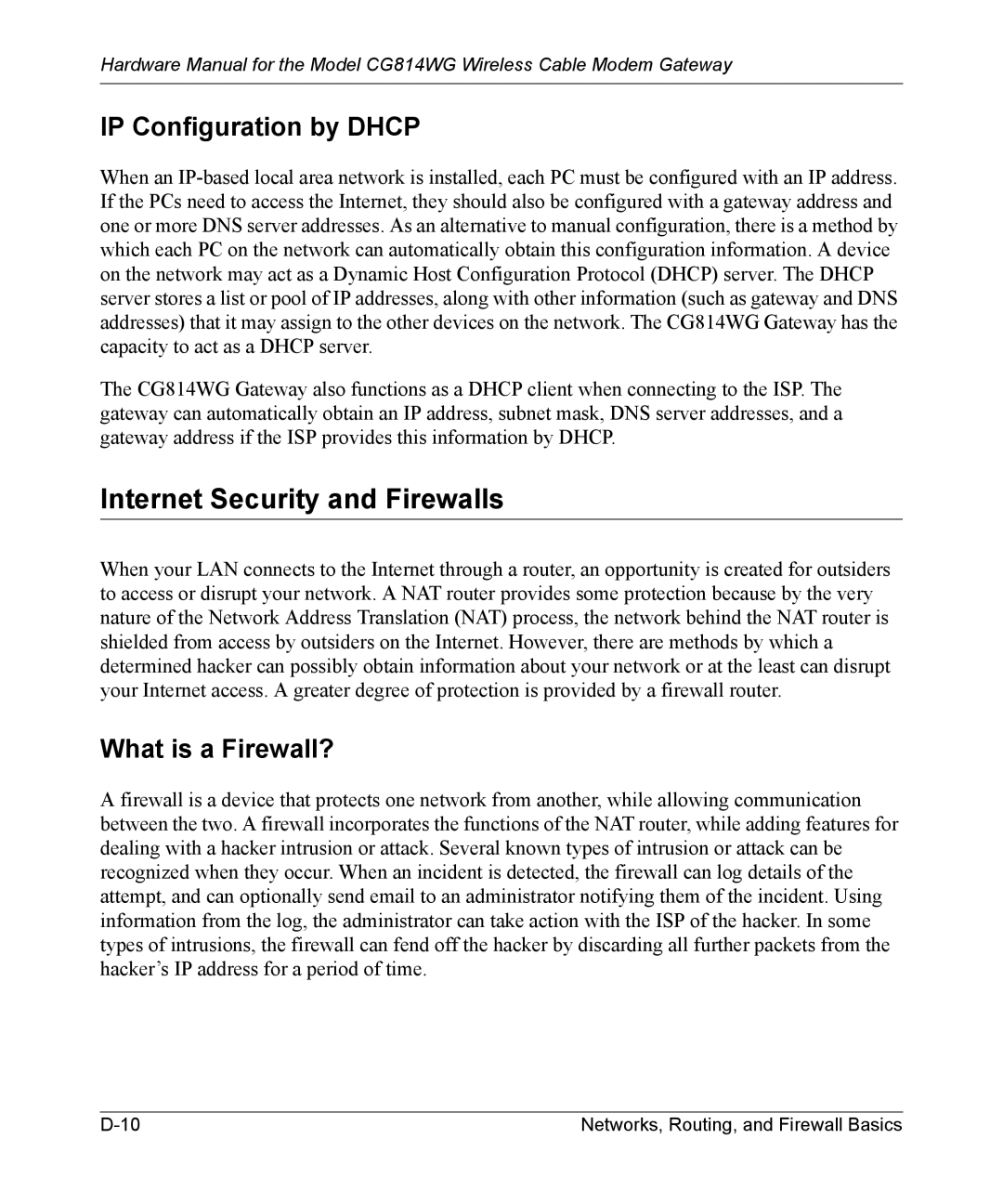 NETGEAR CG814WG manual Internet Security and Firewalls, IP Configuration by Dhcp, What is a Firewall? 