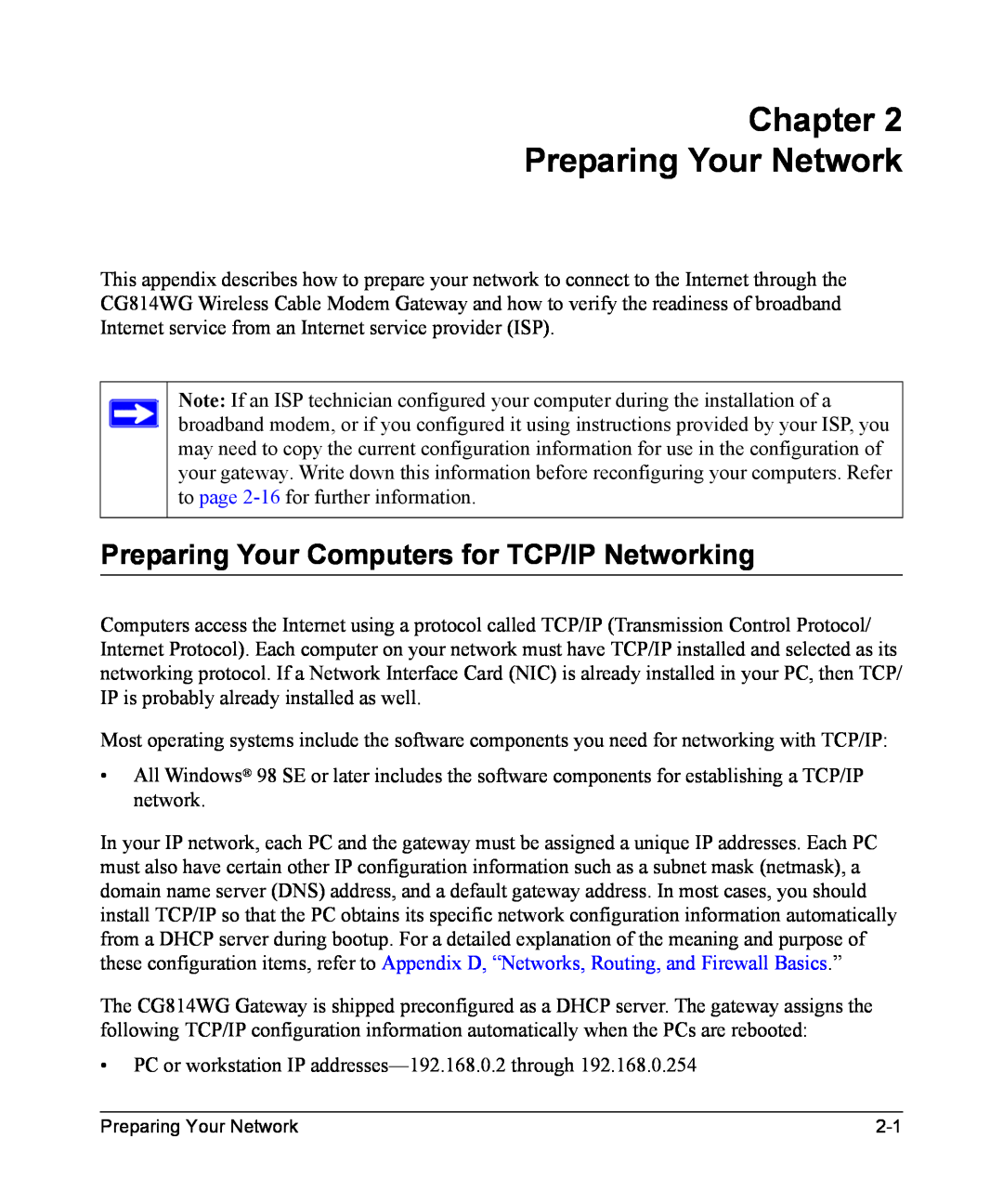 NETGEAR CG814WG manual Chapter Preparing Your Network, Preparing Your Computers for TCP/IP Networking 