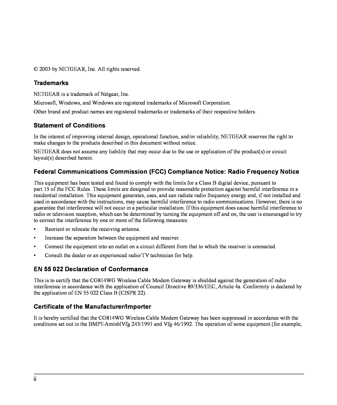 NETGEAR CG814WG manual Trademarks, Statement of Conditions, EN 55 022 Declaration of Conformance 