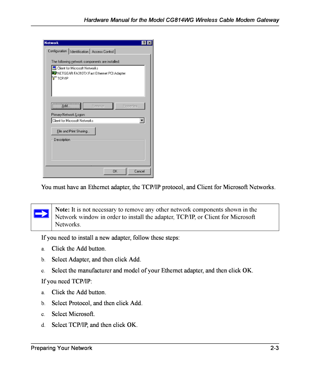 NETGEAR CG814WG manual If you need to install a new adapter, follow these steps 