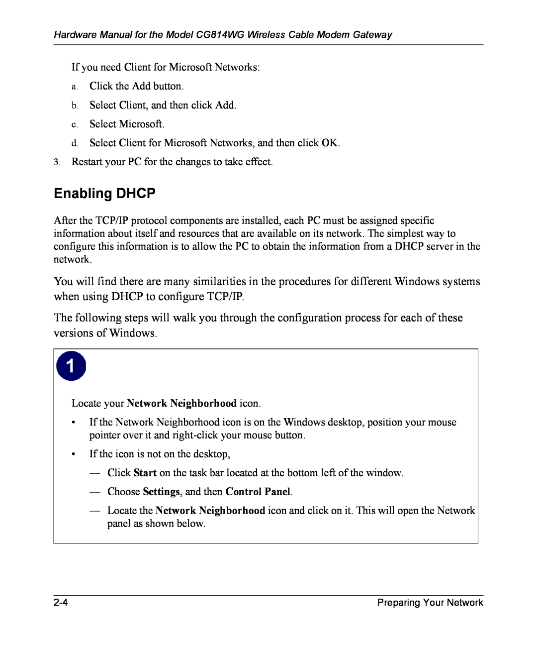 NETGEAR CG814WG manual Enabling DHCP, Locate your Network Neighborhood icon, Choose Settings, and then Control Panel 